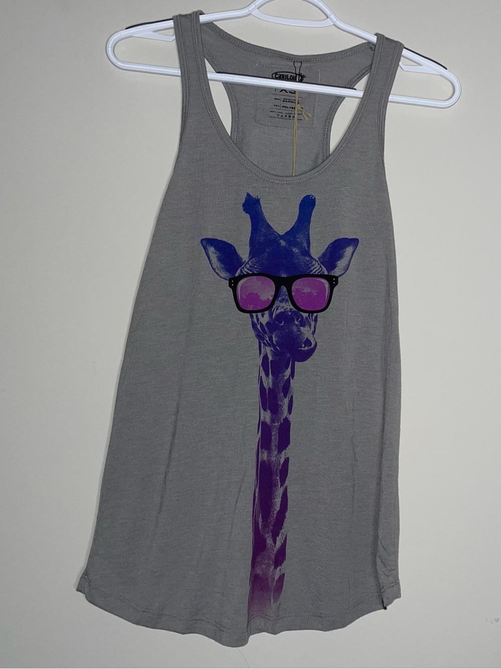 Cariloha Bamboo XS Purple Sunglasses Giraffe Graphic Grey Tank Top NWT